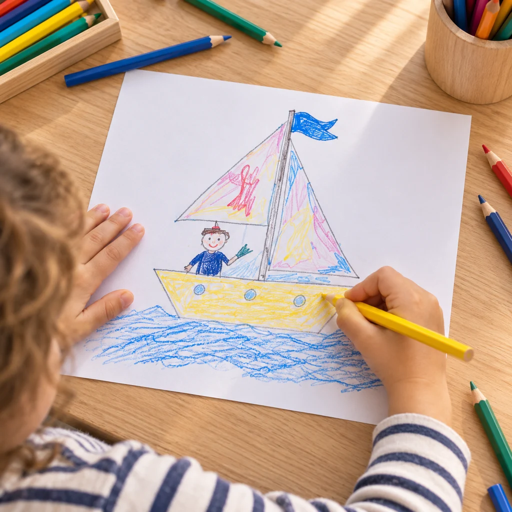 Illustration : un enfant colorie un bateau à coque jaune et voiles multicolores