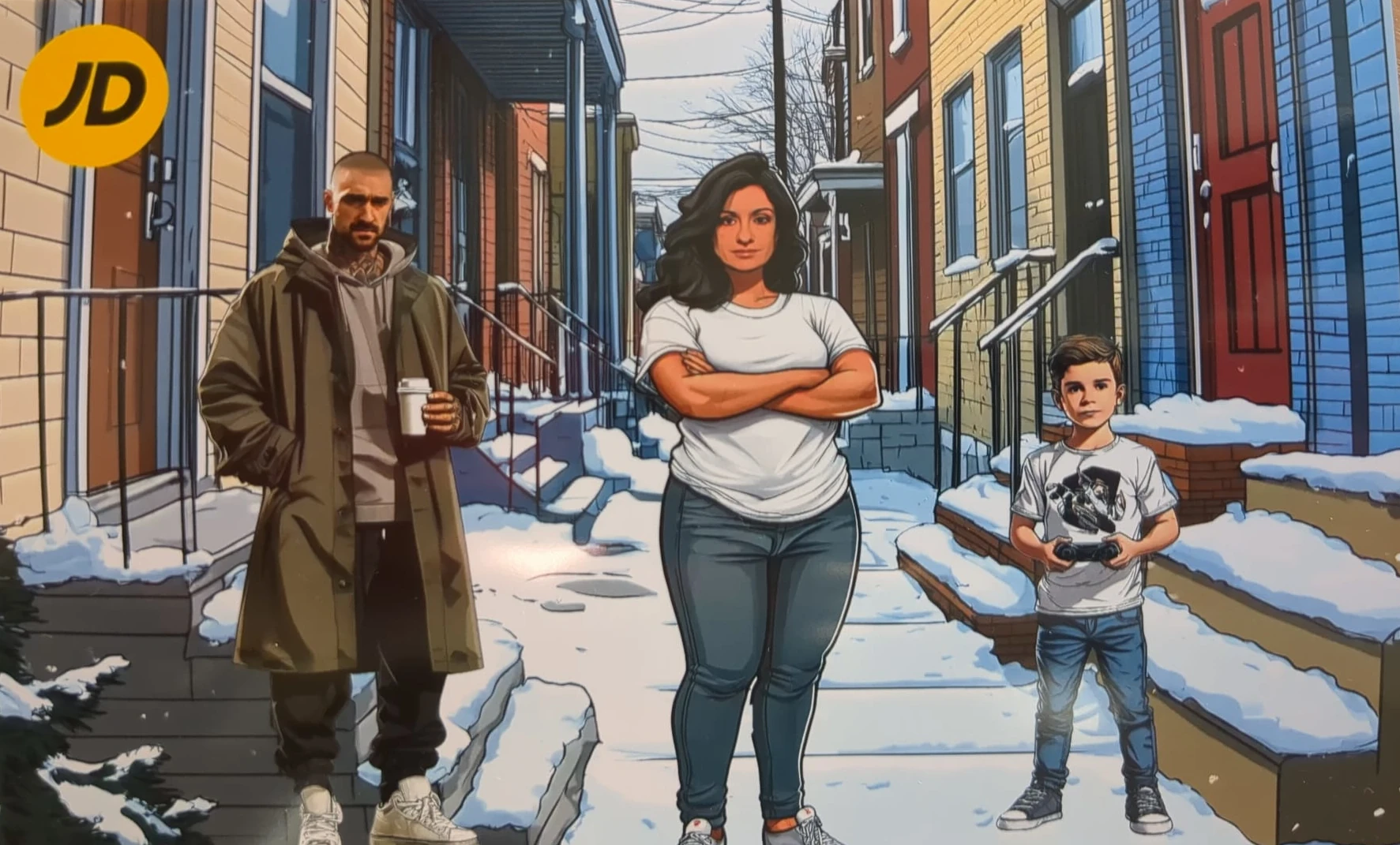 Photo générée par la borne IA JD Sports : une famille transformée dans un univers urbain illustré